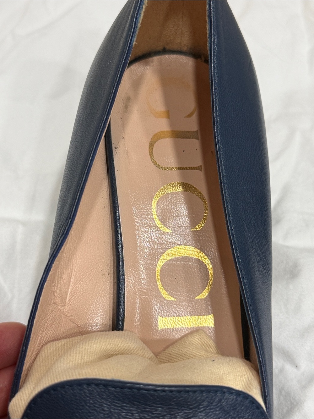 Gucci Navy Leather Loafers with Gold Chain and Red Detail - Picture 10 of 13